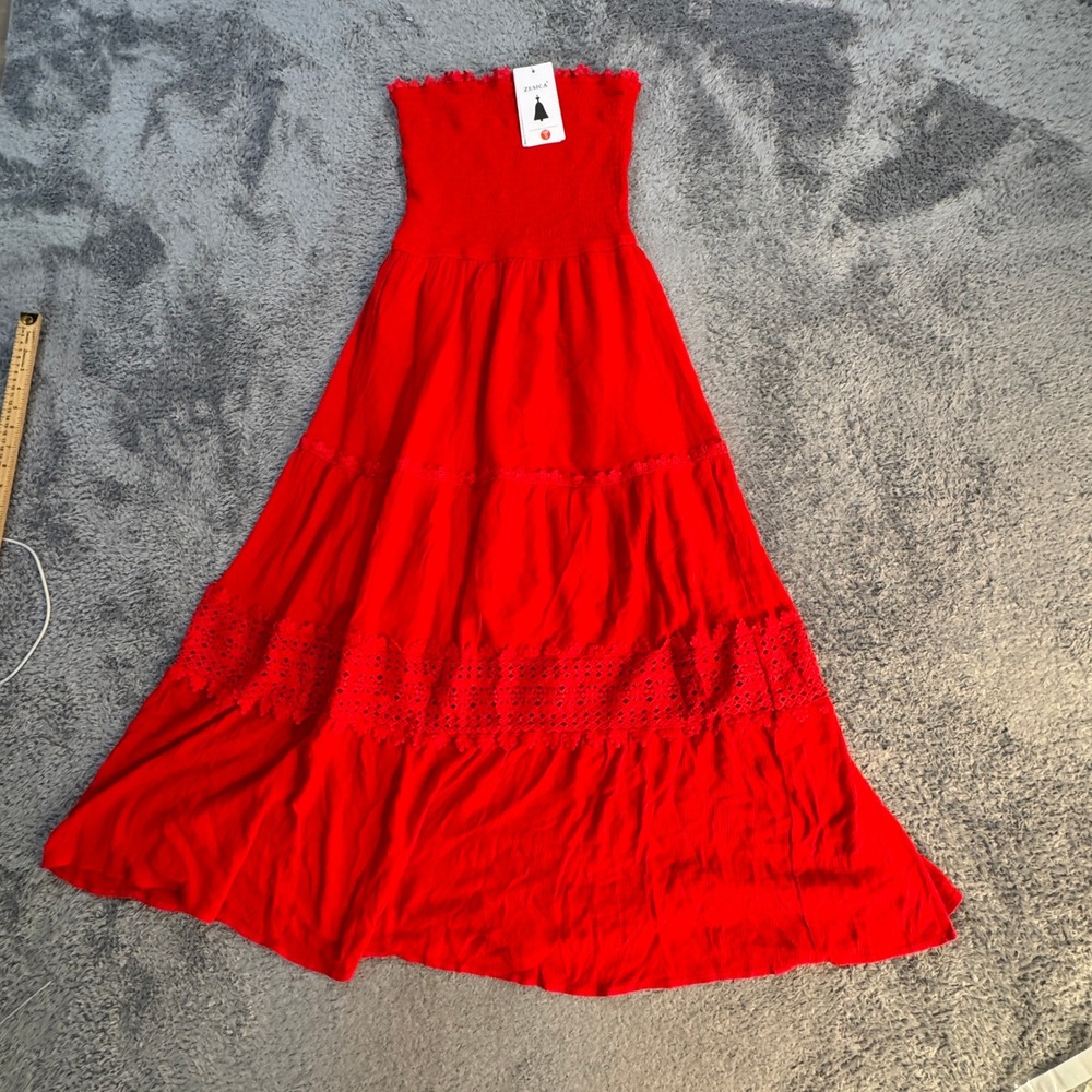 ZESICA Women Strapless Smocked Maxi Dress S Red Crochet Lace Tiered Rayon Boho